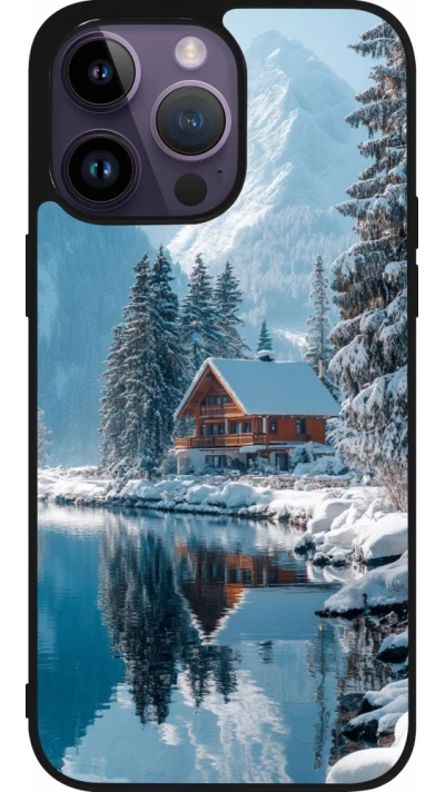 Coque iPhone 15 Pro Max - Silicone rigide noir Winter 25 Winter house forest day