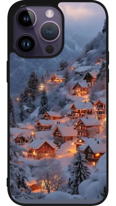 Coque iPhone 15 Pro Max - Silicone rigide noir Winter 25 Winter snowy village
