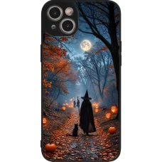 Coque iPhone 15 Plus - Silicone rigide noir Halloween 2026 Witch with a cat