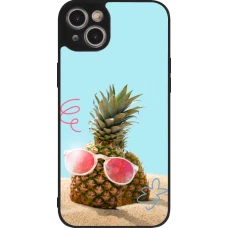 Coque iPhone 15 Plus - Silicone rigide noir Pineapple with glasses Summer 2026