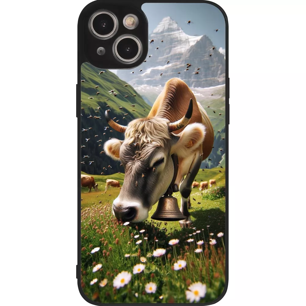 Coque iPhone 15 Plus - Silicone rigide noir Vache montagne Valais