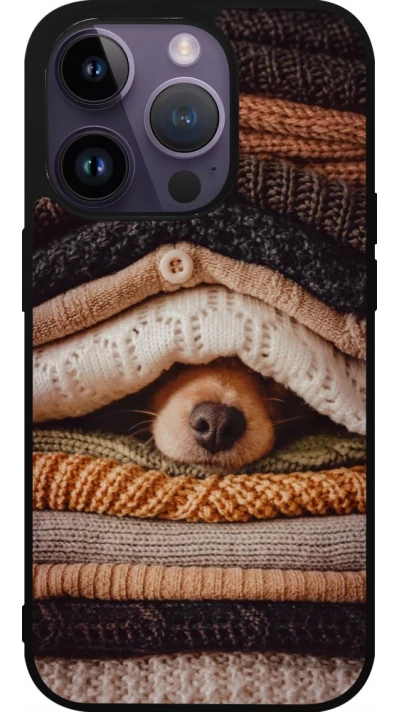 Coque iPhone 15 Pro - Silicone rigide noir Autumn 26 Dog under the covers