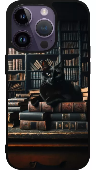 iPhone 15 Pro Case Hülle - Silikon schwarz Katze Bücher dunkel