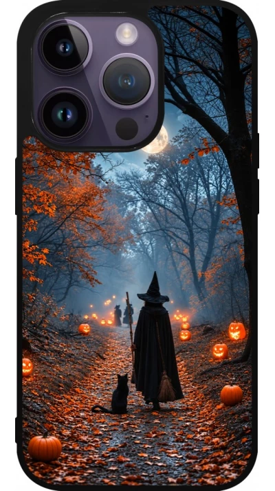 iPhone 15 Pro Case Hülle - Silikon schwarz Halloween 2026 Witch with a cat