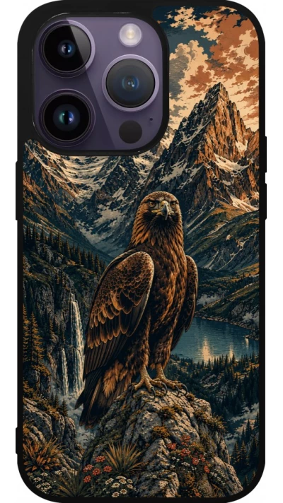 Coque iPhone 15 Pro - Silicone rigide noir Linocut Aigle Royal
