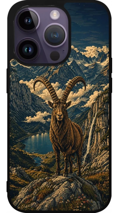Coque iPhone 15 Pro - Silicone rigide noir Linocut Bouquetin