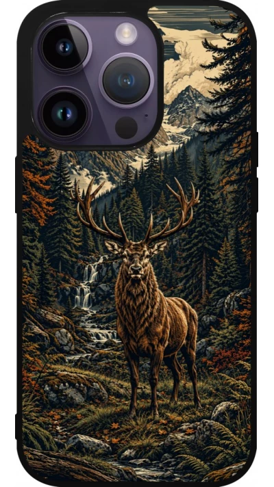 Coque iPhone 15 Pro - Silicone rigide noir Linocut Cerf