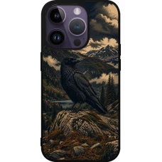 Coque iPhone 15 Pro - Silicone rigide noir Linocut Grand Corbeau