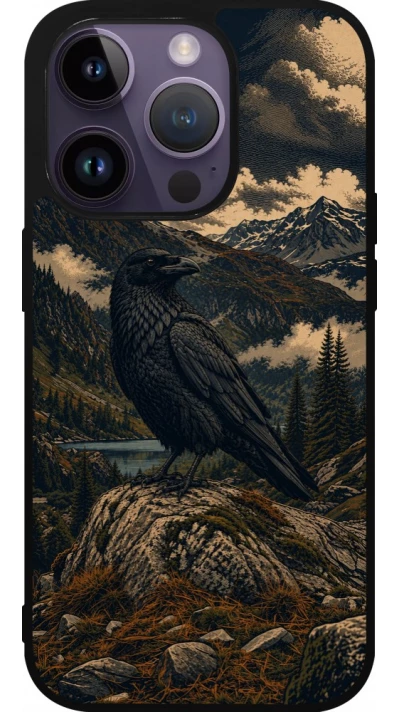 Coque iPhone 15 Pro - Silicone rigide noir Linocut Grand Corbeau