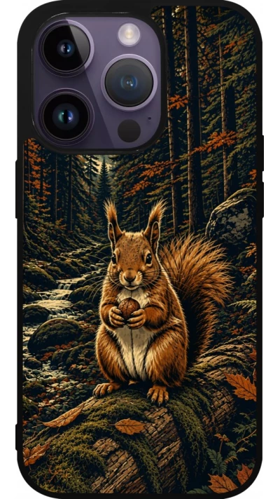 Coque iPhone 15 Pro - Silicone rigide noir Linocut Ecureuil