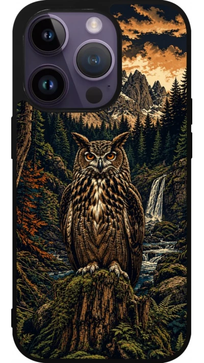 Coque iPhone 15 Pro - Silicone rigide noir Linocut Grand-Duc
