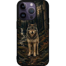 Coque iPhone 15 Pro - Silicone rigide noir Linocut Loup