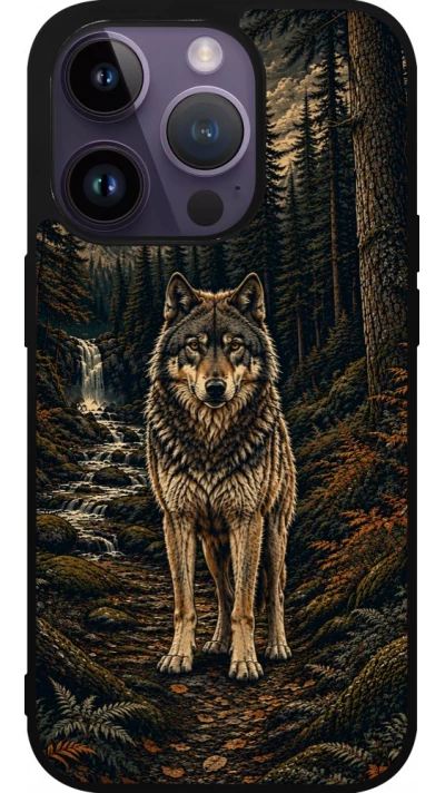 Coque iPhone 15 Pro - Silicone rigide noir Linocut Loup