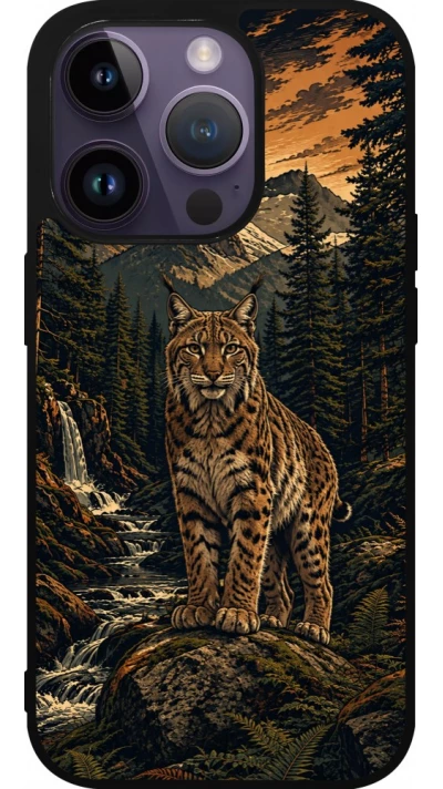 Coque iPhone 15 Pro - Silicone rigide noir Linocut Lynx
