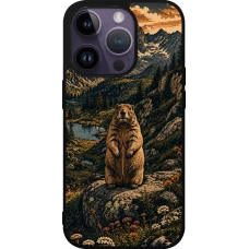 Coque iPhone 15 Pro - Silicone rigide noir Linocut Marmotte