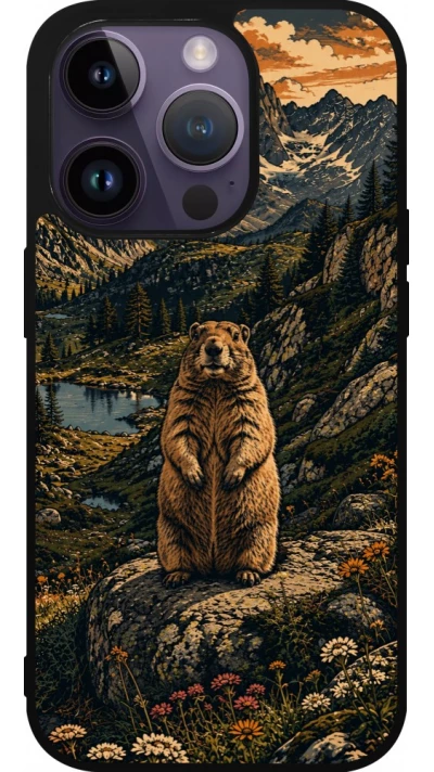 Coque iPhone 15 Pro - Silicone rigide noir Linocut Marmotte