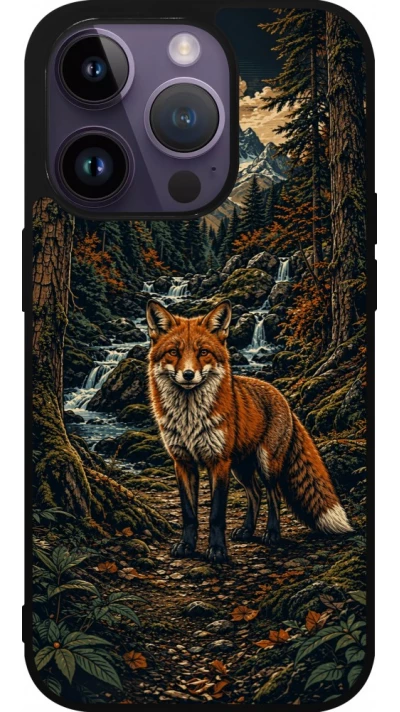 Coque iPhone 15 Pro - Silicone rigide noir Linocut Renard