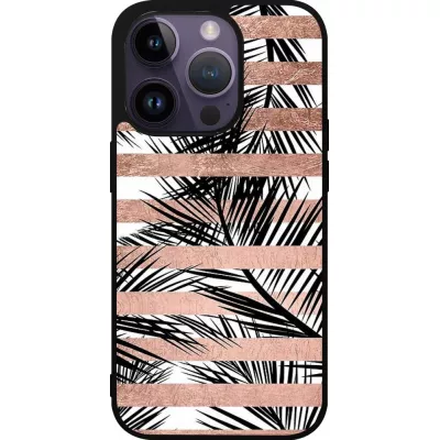 Coque iPhone 15 Pro - Silicone rigide noir Palm trees gold stripes