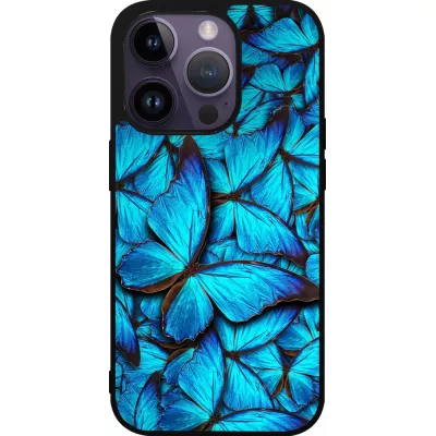 Coque iPhone 15 Pro - Silicone rigide noir Papillon bleu
