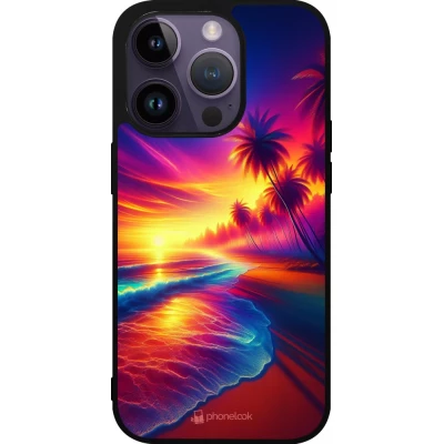 Coque iPhone 15 Pro - Silicone rigide noir Plage coucher soleil flashy