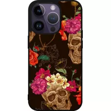 iPhone 15 Pro Case Hülle - Silikon schwarz Skulls and flowers