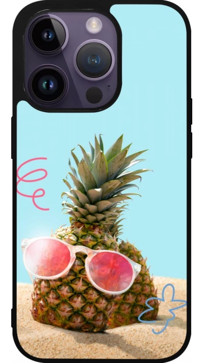 Coque iPhone 15 Pro - Silicone rigide noir Pineapple with glasses Summer 2026