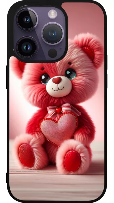 Coque iPhone 15 Pro - Silicone rigide noir Valentine 2024 Ourson rose