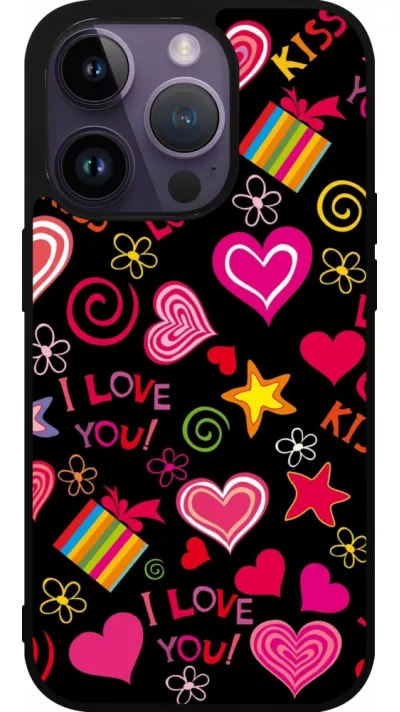 Coque iPhone 15 Pro - Silicone rigide noir Valentine 2023 love symbols