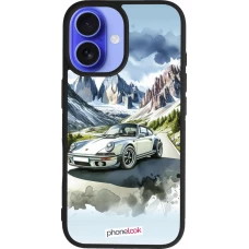 Coque iPhone 16 - Silicone rigide noir Porsche 911 Mountain Watercolor