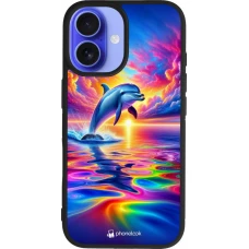 iPhone 16 Case Hülle - Silikon schwarz Glücklicher Regenbogen-Delfin