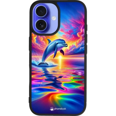 iPhone 16 Case Hülle - Silikon schwarz Glücklicher Regenbogen-Delfin