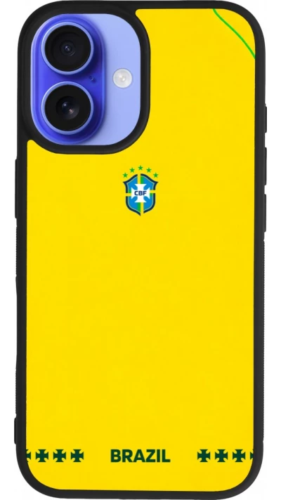 Coque iPhone 16 - Silicone rigide noir Maillot de football Bresil 2026 personnalisable