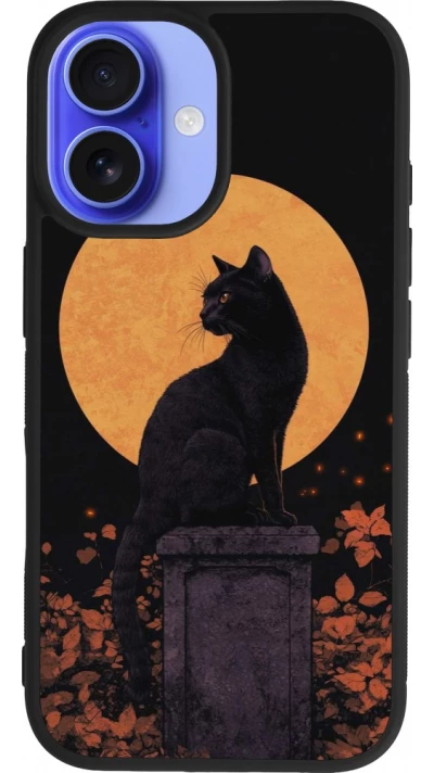 Coque iPhone 16 - Silicone rigide noir Halloween 2026 Cat Art Nouveau