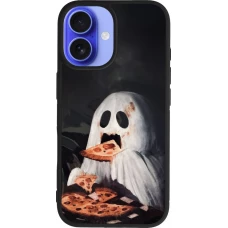 Coque iPhone 16 - Silicone rigide noir Halloween 2026 Ghost eating pizza