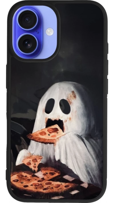 Coque iPhone 16 - Silicone rigide noir Halloween 2026 Ghost eating pizza
