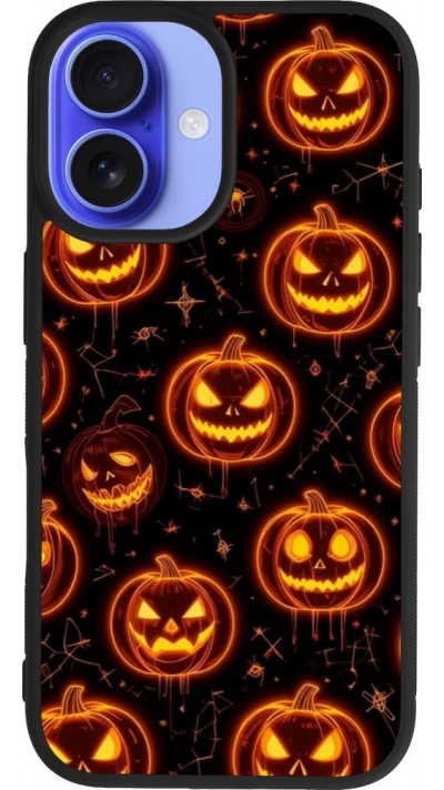 Coque iPhone 16 - Silicone rigide noir Halloween 2026 Pattern Pumpkins