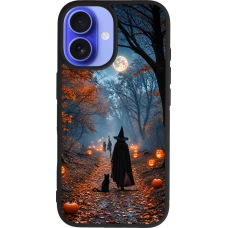 Coque iPhone 16 - Silicone rigide noir Halloween 2026 Witch with a cat