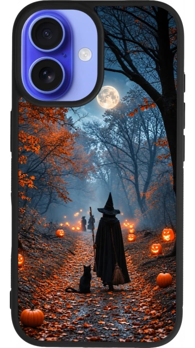 Coque iPhone 16 - Silicone rigide noir Halloween 2026 Witch with a cat