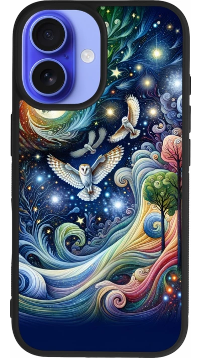 Coque iPhone 16 - Silicone rigide noir hibou volant floral