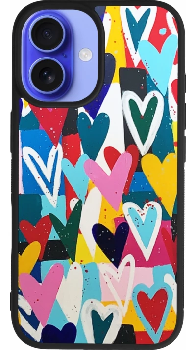 Coque iPhone 16 - Silicone rigide noir Joyful Hearts