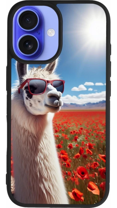Coque iPhone 16 - Silicone rigide noir Lama Chic en Coquelicot