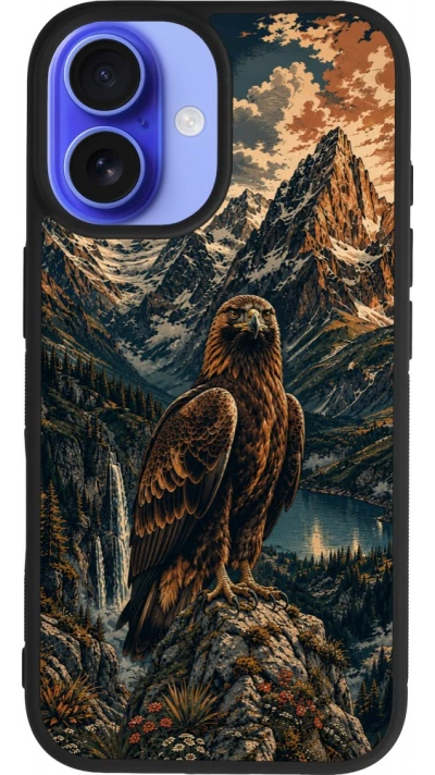 Coque iPhone 16 - Silicone rigide noir Linocut Aigle Royal