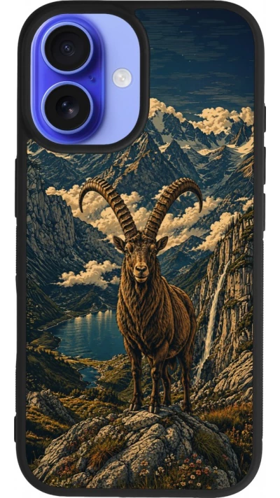 Coque iPhone 16 - Silicone rigide noir Linocut Bouquetin
