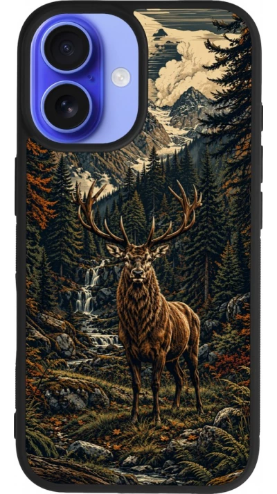 Coque iPhone 16 - Silicone rigide noir Linocut Cerf