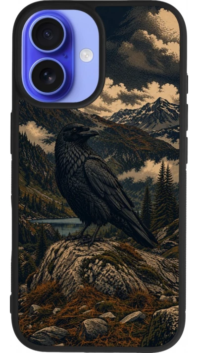Coque iPhone 16 - Silicone rigide noir Linocut Grand Corbeau