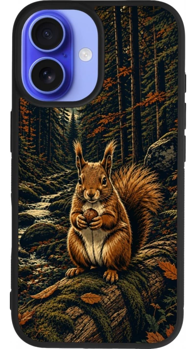 Coque iPhone 16 - Silicone rigide noir Linocut Ecureuil