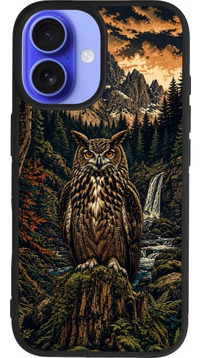 Coque iPhone 16 - Silicone rigide noir Linocut Grand-Duc