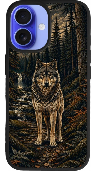 Coque iPhone 16 - Silicone rigide noir Linocut Loup