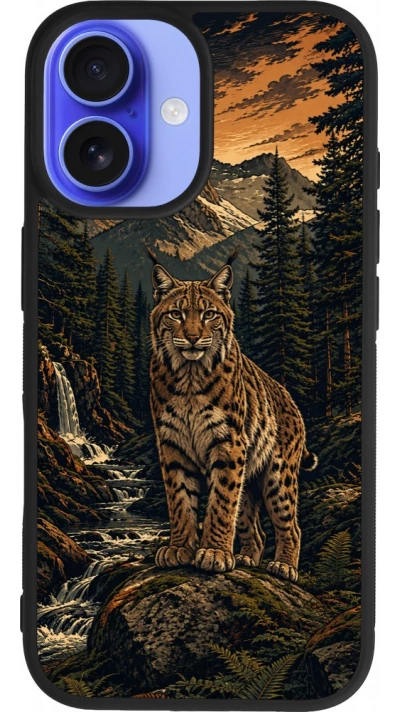 Coque iPhone 16 - Silicone rigide noir Linocut Lynx