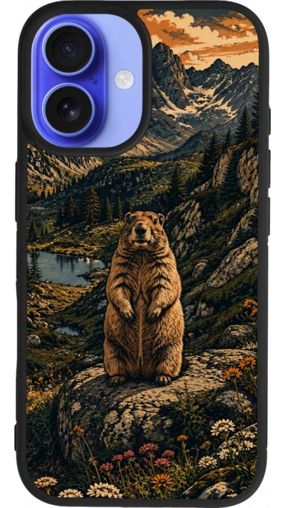 Coque iPhone 16 - Silicone rigide noir Linocut Marmotte